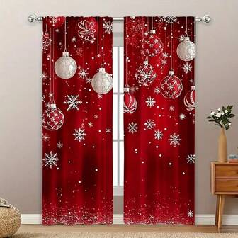 2pcs Holiday Red Christmas Snowflakes And Spherical Design Curtains - Art Revival Washable Polyester, Suitable For Living Rooms, Kitchens, Dining Rooms - Holiday Decoration (Pole Not Included), Holiday Window Decoration | Art Revival Curtains | Washable Fabric