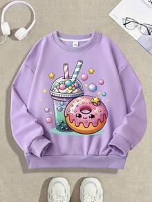 1 Stück Mädchen Süßer Stil Donut & Bubble Tea Muster Langarm Sweatshirt, Weicher Stoff, perfekt für den täglichen Lässig Frühling & Herbst