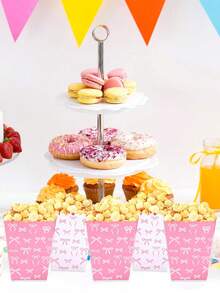 10pcs White/ Pink Background Bow Pattern Paper Popcorn Box, Popcorn Cups, Food Snack Box, Wedding Birthday Babe Shower Party Disposable Tableware, Suitable For Multiple Themes Holiday Party Picnic Camping, Home Kitchen Restaurant Table Supplies - Multicolor - View 8