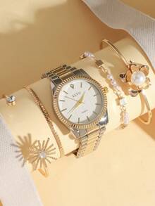 Set de 5 relojes de cuarzo casuales con esfera de diamantes de imitación para mujeres + pulsera de flor de perla, regalo de graduación de verano, regalo de vacaciones, sin caja de regalo - Multicolor - Ver 6