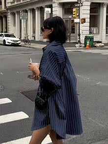 Áo khoác cardigan dáng rộng cổ điển có túi, cài cúc, tay dài, kẻ sọc xanh dương, kiểu dáng dễ thương và thanh lịch dành cho nữ, thích hợp cho mùa xuân/hè, lễ hội/ngày Valentine. - Hải quân - Xem 2
