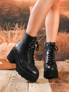Fall/Winter 2025 Women's Minimalist Front Tie Side Zipper Waterproof Platform Chunky Heel Black Fashion Boots - Black - View 4