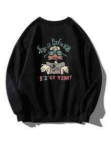 Women's Casual Loose Fit Letter & Cartoon Print Crew Neck Sweatshirt, Versatile For Autumn/Winter - Black - View 3