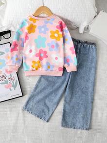 2 件套少女花卉印花运动衫和宽松牛仔裤套装，适合日常穿着、返校、公园、生日、秋冬季 - 淺藍色 - 查看 2