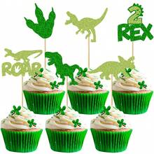 12/24Pcs Dinosaur Cupcake Toppers Green Glitter Roar Dinosaur Cupcake Toppers For Dinosaur Theme BB Shower Birthday Party Cake Decorations Supplies
