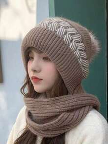 1 pièce Nouveau bonnet tricoté une pièce pour femmes en hiver, bonnet chaud avec polaire et renforcé, bonnet de neige et écharpe intégrée pour protéger les oreilles, bonnet en laine, , unique et polyvalent. Tenue d'automne, cadeau de la Saint-Valentin - Multicolore - Voir 3