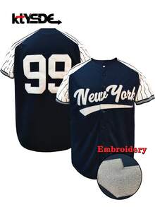 KTYSDE Men's #99 Navy Baseball Jersey, New York Letter Embroidered Loose V-Neck Short Sleeve Button Cardigan Sportswear, Suitable For Casual Daily Wear, Streetwear, Baseball, Golf Training, Fan Gift, Unisex