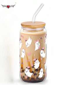 Cartoon Ghost Halloween Glass Straw Cup, Coffee Glass Cup, Beverage Juice Cup, Water Cup - Best Choice For Gifts To Friends!