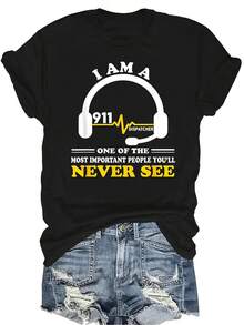 Camiseta unisex de verano casual y transpirable con cuello redondo y manga corta, con estampado "Los despachadores del 911 son las personas talla grande importantes que nunca verás", adecuada para adolescentes y adultos - Negro - Ver 1