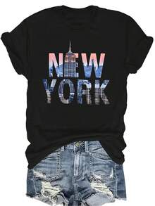 Camiseta de Nueva York unisex, casual de verano, transpirable, de cuello redondo, de manga corta, ropa de calle versátil, adecuada para adolescentes y adultos - Negro - Ver 1