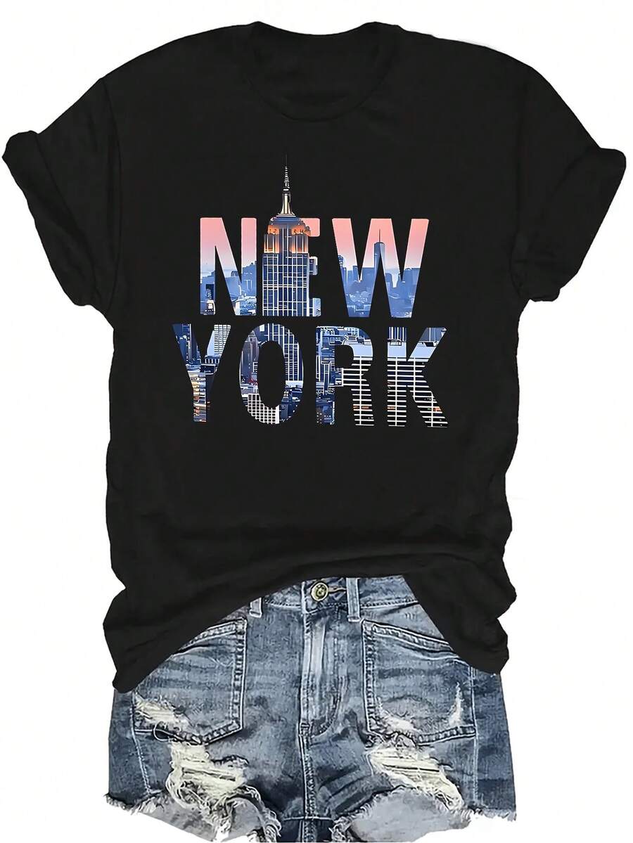 Camiseta de Nueva York unisex, casual de verano, transpirable, de cuello redondo, de manga corta, ropa de calle versátil, adecuada para adolescentes y adultos - Negro - Ver 1