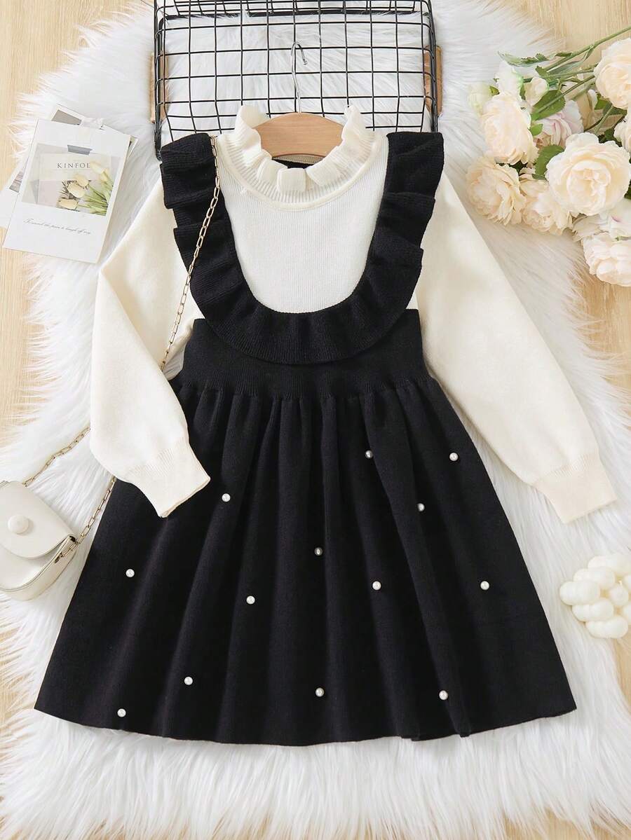 1pc Young Girl Colorblock Floral Ruffle Trim Long Sleeve Princess Dress, Pearl Beaded Hem Sweater Dress For Autumn