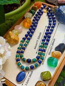 2pcs Natural Stone Phoenix & Lapis Lazuli Double Layer Necklace, Luxury Crystal Jewelry Gift For Women - Blue - View 5