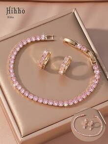 Hihho 3pcs Cubic Zirconia Wedding Jewelry Set, Bridal Cubic Zirconia Tennis Bracelet, Women Jewelry Set