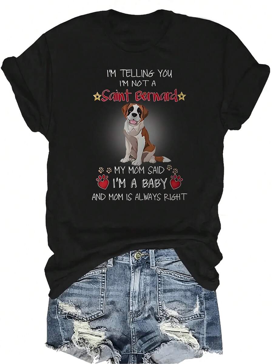 Camiseta con diseño de perro San Bernardo, unisex, de verano, casual, transpirable, de cuello redondo, de manga corta, ropa de calle, versátil, adecuada para adolescentes y adultos - Negro - Ver 1