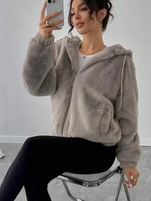 Women's Faux Fur Jacket For Winter, Solid Color With Strong Texture, Hooded With Drawstring, Casual College Style, Soft, Warm, Comfortable And Elegant - Grey - View 2