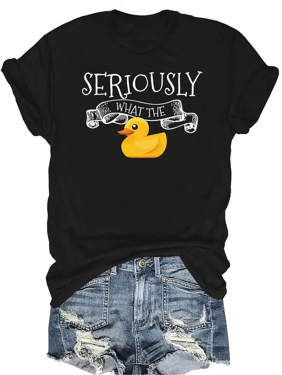 Camiseta con estampado de pato de dibujos animados, unisex, de verano, casual, transpirable, de personalidad, de cuello redondo, de manga corta, ropa de calle, versátil, adecuada para adolescentes y adultos - Negro - Ver 1