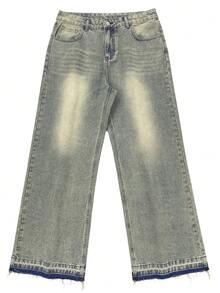 Calça Jeans Masculina Reta Solta com Barra Desfiada, Perna Larga, Streetwear Casual Y2K, Lavagem Vintage Desgastada, Todas as Estações