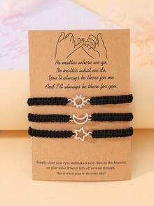 Goodwaro 3pcs Creative Metal Sun, Moon, Star Friendship Bracelets With Handmade Braided Ropes. Suitable For Women For Daily Wear, And Packaged With A Card, Good For Gifting - Black - View 20