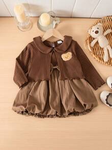2pcs Baby Girls' Brown Collar Bow Decor Sleeveless Vest & Bubble Skirt Dress Set With Matching Long Sleeve Bear Jacket, Toddler Autumn Outfit - Coffee Brown - View 1