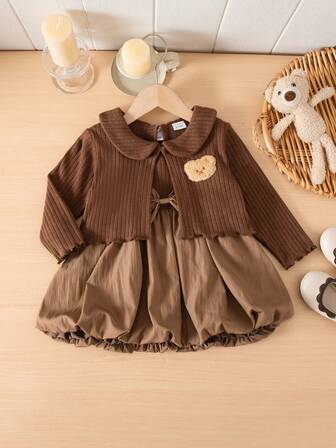 2pcs Baby Girls' Brown Collar Bow Decor Sleeveless Vest & Bubble Skirt Dress Set With Matching Long Sleeve Bear Jacket, Toddler Autumn Outfit