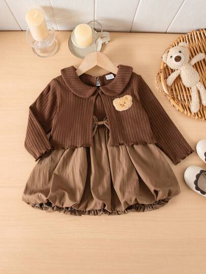 2pcs Baby Girls' Brown Collar Bow Decor Sleeveless Vest & Bubble Skirt Dress Set With Matching Long Sleeve Bear Jacket, Toddler Autumn Outfit