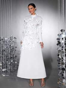 新款优雅女式 3D 花卉装饰长袖领结修身立体花朵连衣裙，适合情人节、伴娘、正式晚礼服 - 白色 - 查看 4