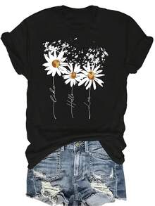 Camiseta con estampado de margaritas, unisex, de verano, casual, transpirable, de cuello redondo, de manga corta, ropa de calle, versátil, adecuada para adolescentes y adultos - Negro - Ver 1