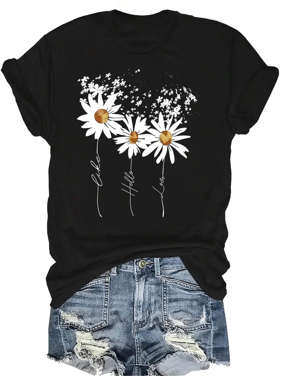 Camiseta con estampado de margaritas, unisex, de verano, casual, transpirable, de cuello redondo, de manga corta, ropa de calle, versátil, adecuada para adolescentes y adultos - Negro - Ver 1