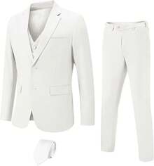 Men's Slim Fit 3 Pieces Suit, 2 Buttons Solid Color Blazer Vest Pants With Tie Set, Business Wedding Tuxedohalloween - Màu trắng ngà - Xem 1