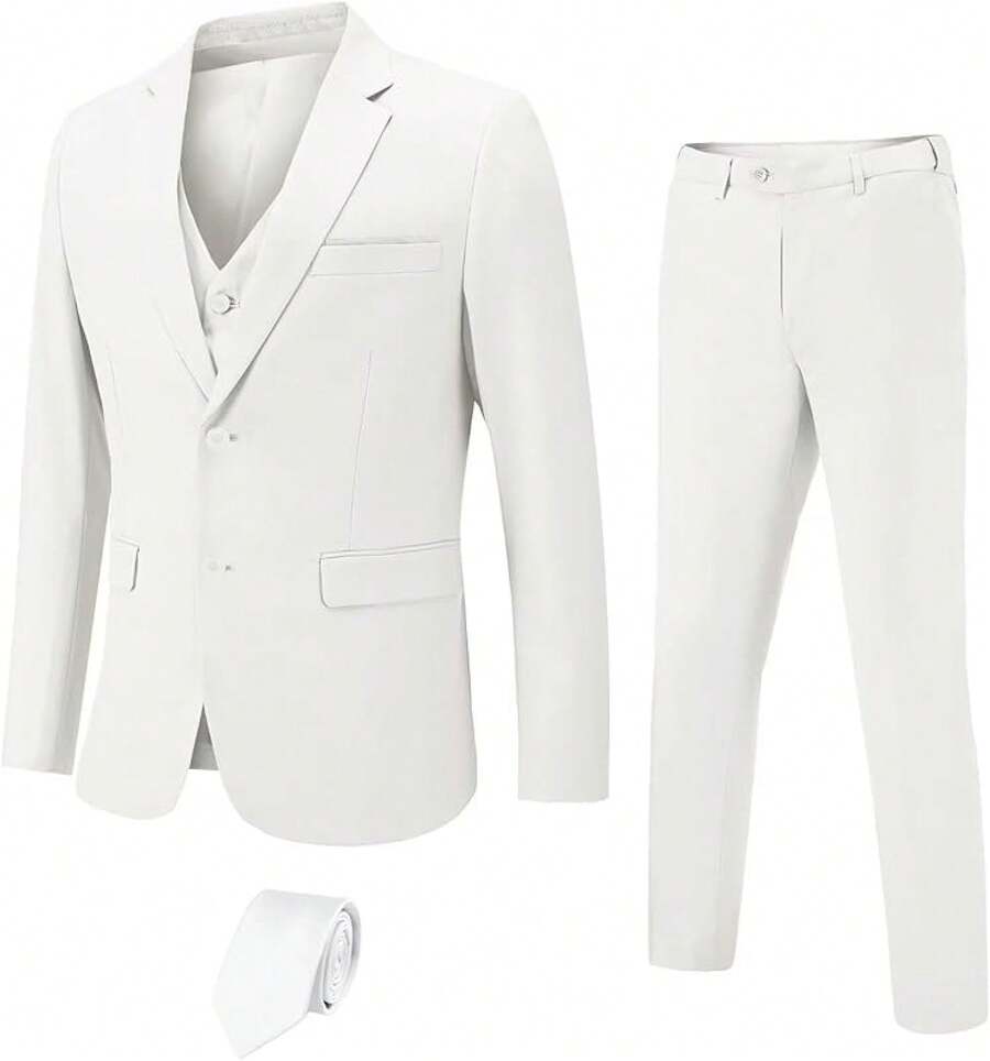 Men's Slim Fit 3 Pieces Suit, 2 Buttons Solid Color Blazer Vest Pants With Tie Set, Business Wedding Tuxedohalloween - Màu trắng ngà - Xem 1