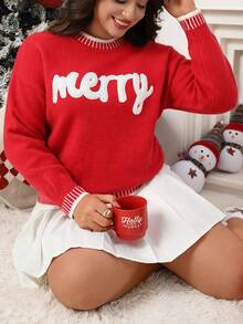 Plus Size Letter Embroidery Contrast Trim Casual Sweater