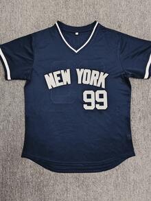 KTYSDE Men's #99 Navy Blue Retro Baseball Jersey, New York Letter Embroidery, Loose V-Neck Short Sleeve Pullover Sportswear, Suitable For Casual Daily Wear, Streetwear, Baseball, Golf Training, Fan Gift, - Navy Blue - View 2
