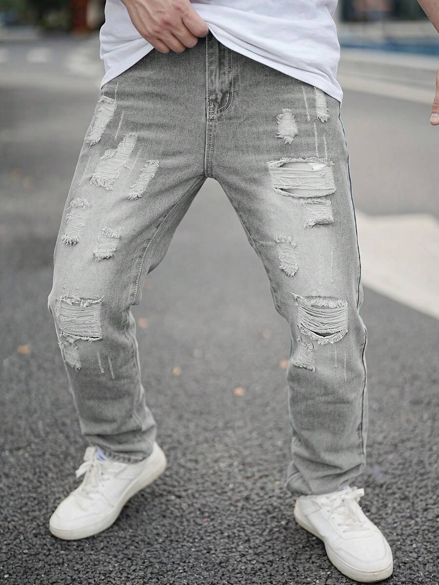 Men's Outdoor Casual Straight Leg Distressed Blue Jeans, Autumn/Winter - Grey - View 1