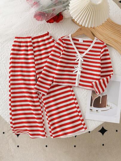 2pcs/Set Girls' Striped Sweatshirt Jacket & Sweatshirt Top With Wide Leg Pants Outfit, Long Sleeve Sweatshirt Sweatshirt + Loose Fit Wide Leg Pants, Casual Wear For Spring/Autumn