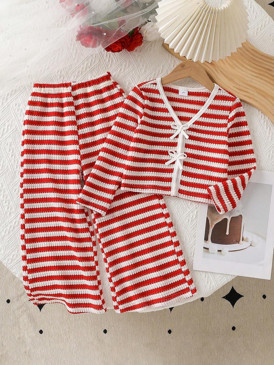 2 件套女童条纹运动衫夹克和运动衫上衣搭配阔腿裤套装，长袖运动衫运动衫+宽松阔腿裤，春秋季休闲装 - 紅色 - 查看 1