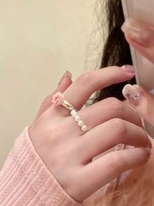 2 件套法国玫瑰花珍珠开口戒指，甜美优雅的叠戴风格，适合日常佩戴 - 彩色 - 查看 6