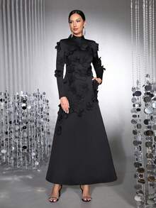 Váy maxi dài tay đính nơ họa tiết hoa 3D thanh lịch dành cho nữ, thích hợp cho ngày lễ tình nhân, phù dâu, dạ hội trang trọng - màu đen - Xem 5