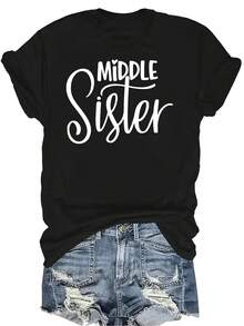 Camiseta de hermana mediana Unisex de verano, casual, transpirable, de personalidad, cuello redondo, manga corta, ropa de calle, versátil, adecuada para adolescentes y adultos - Negro - Ver 1