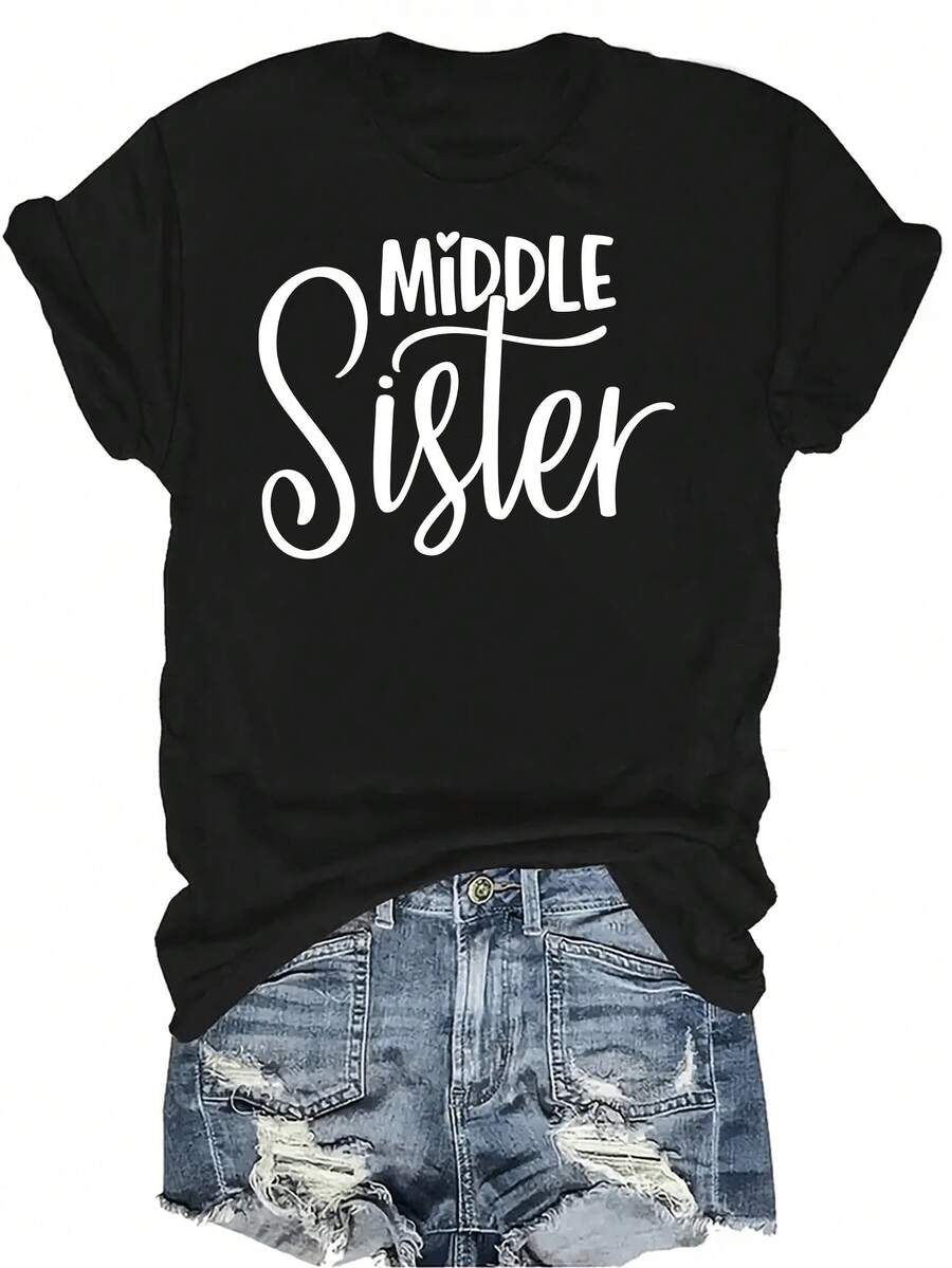 Camiseta de hermana mediana Unisex de verano, casual, transpirable, de personalidad, cuello redondo, manga corta, ropa de calle, versátil, adecuada para adolescentes y adultos - Negro - Ver 1