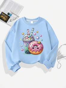 1pc Girls' Cute Donut & Bubble Tea Print Long Sleeve Sweatshirt, Soft Fabric, Suitable For Casual Wear In Spring And Autumn - Blue - View 2