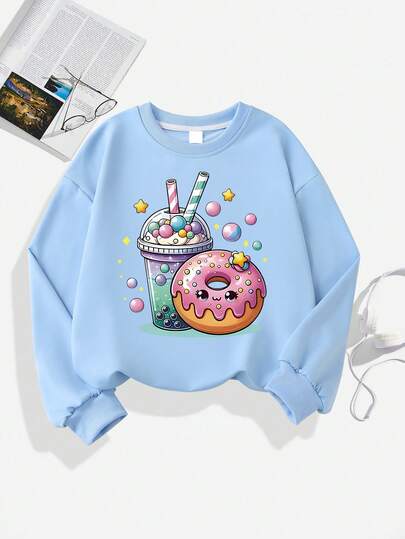 1 pieza Sudadera de manga larga con estampado de donas y té de burbujas lindo para niñas, de tela suave, adecuada para uso casual en primavera y otoño