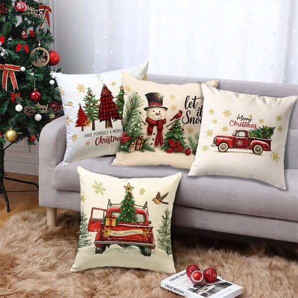 4 peças de capas de almofadas estampadas de um lado, macias e confortáveis, com estampa de árvore de Natal, boneco de neve, rena e elemento de carro (encartes não incluídos), adequadas para quarto, sala de estar, sofá, decoração de festa de Natal