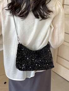 1 件绗缝拉链封口 PVC 亮片托特包，大容量闪亮腋下包，时尚链条单肩斜挎包，适合女性外出、度假、聚会、宴会 - 黑色 - 查看 11