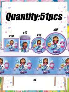 Gabby's Dollhouse 81-elementowy zestaw jednorazowej, dekoracyjnej zastawy stołowej w stylu fioletowym, w stylu domku dla lalek Gabby, w tym 10 szt. papierowych talerzyków, kubków, noży, widelców i łyżek o średnicy 7 i 9 cali, 20 szt. chusteczek higienicznych i obrusów, odpowiedni dla 10 osób na przyjęcia i spotkania. To niezbędna dekoracyjna zastawa stołowa na przyjęcia urodzinowe w stylu lalki Gabby, niezbędna dla fanów Gabby i dzieci na spotkaniach rodzinnych, Halloween, Boże Narodzenie i Święto Dziękczynienia.