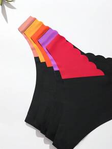 5 件/包无缝扇贝设计女士内裤，舒适撞色丁字裤，豹纹和丝绸面料，适合所有季节和日常穿着 - 彩色 - 查看 7