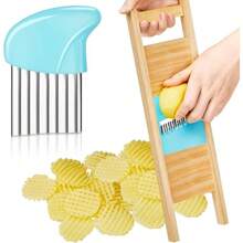 2 Pcs Wave Waffle Crinkle Cutter Set Stainless Steel French Fry Cutter Potatoes Slicer Crinkle Choppers Potato Lattice Carrot Chip Maker Kitchen ToolsBlue - Blue - View 2