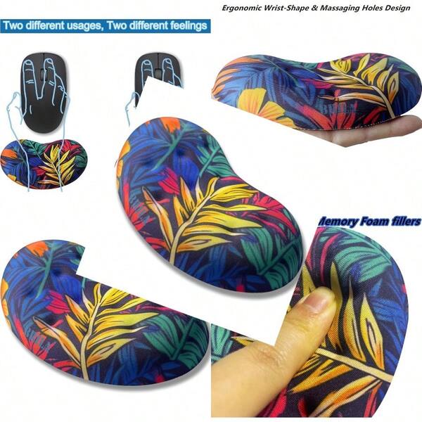Ergonomic Memory Foam Mouse Wrist Rest Support Pad Cushion For Computer Laptop Office Work PC Gaming Massage Holes Design Wrist Pain Relieve Vibrant Plants
