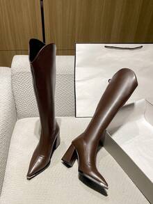 Giày bốt cao gót dày đế giữa thời trang thu đông 2025 chất lượng cao bán chạy, giày bốt cao đến đầu gối thời trang đa năng, giày cao gót tối giản thanh lịch dành cho nữ - màu nâu - Xem 2