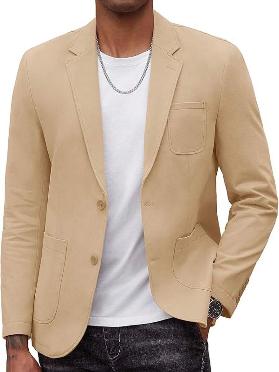 Men's Smart Wash Blazer Regular Fit Cotton Sport Coat Casual Suit Jackethalloween - 卡其色 - 查看 1